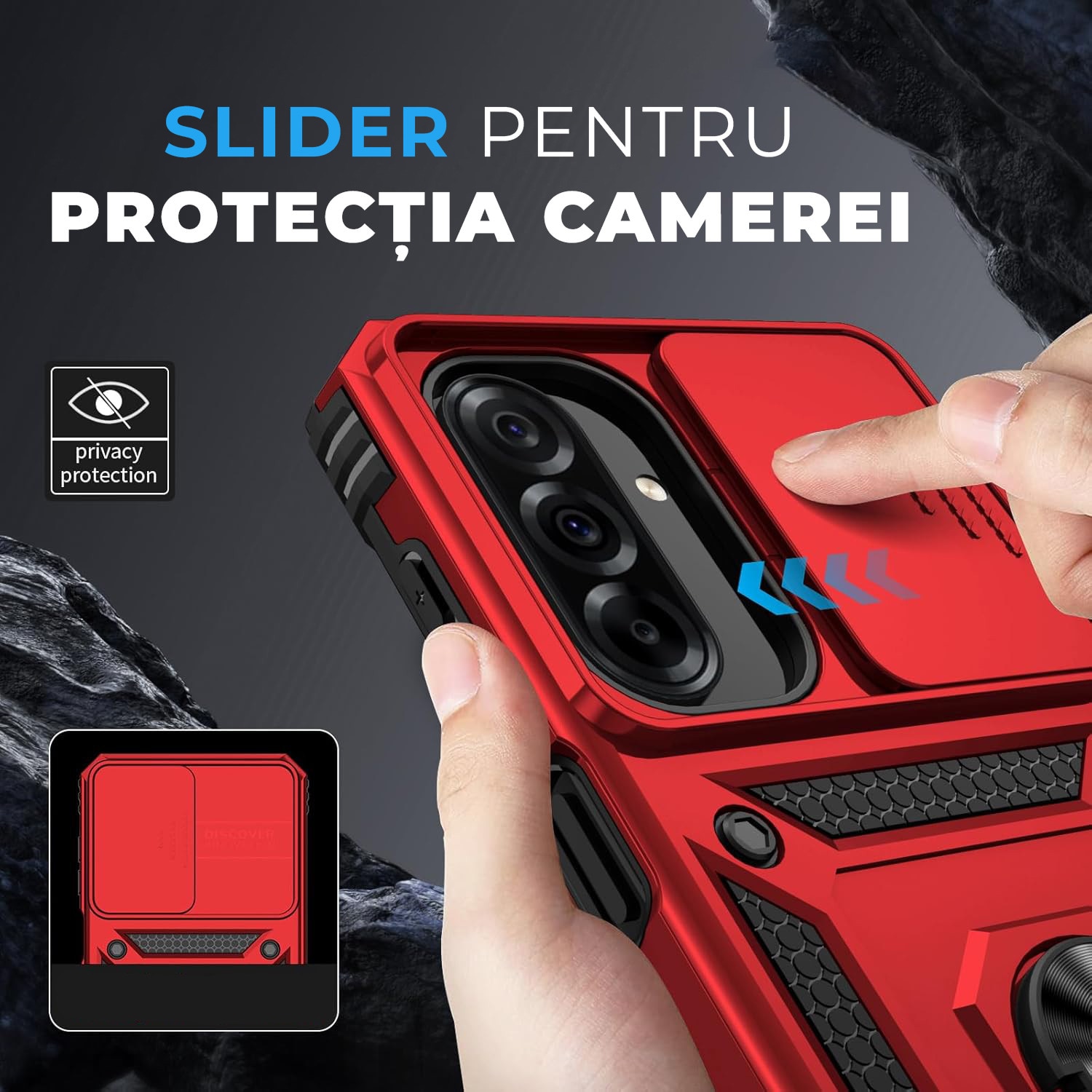 Husa pentru Samsung Galaxy A57 5G DaDen Hybrid Armor Kickstand, Slider Camera, Antisoc, Protectie Superioara, Rosu