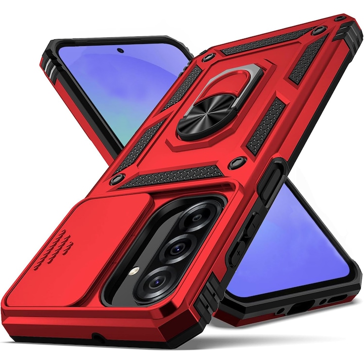 Husa pentru Samsung Galaxy A57 5G DaDen Hybrid Armor Kickstand, Slider Camera, Antisoc, Protectie Superioara, Rosu