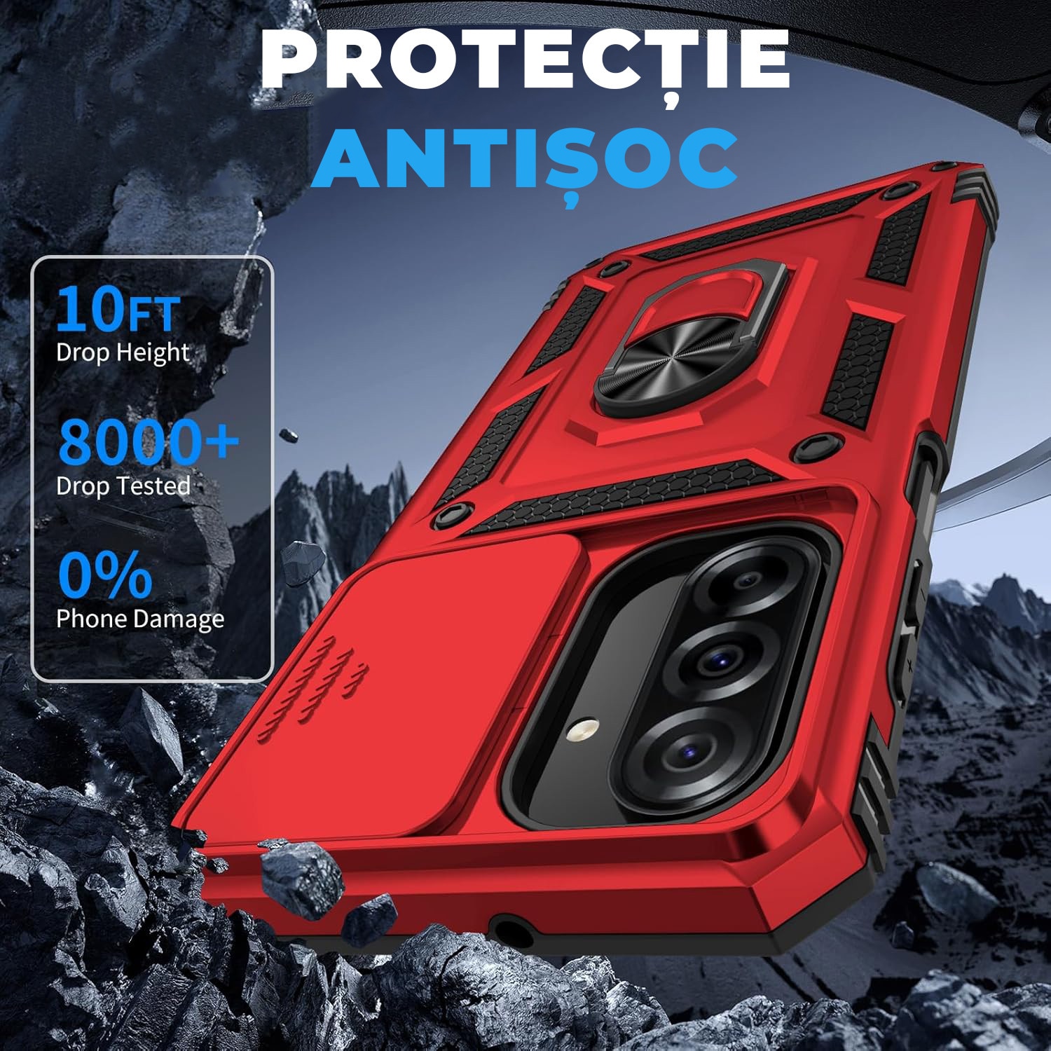 Husa pentru Samsung Galaxy A57 5G DaDen Hybrid Armor Kickstand, Slider Camera, Antisoc, Protectie Superioara, Rosu
