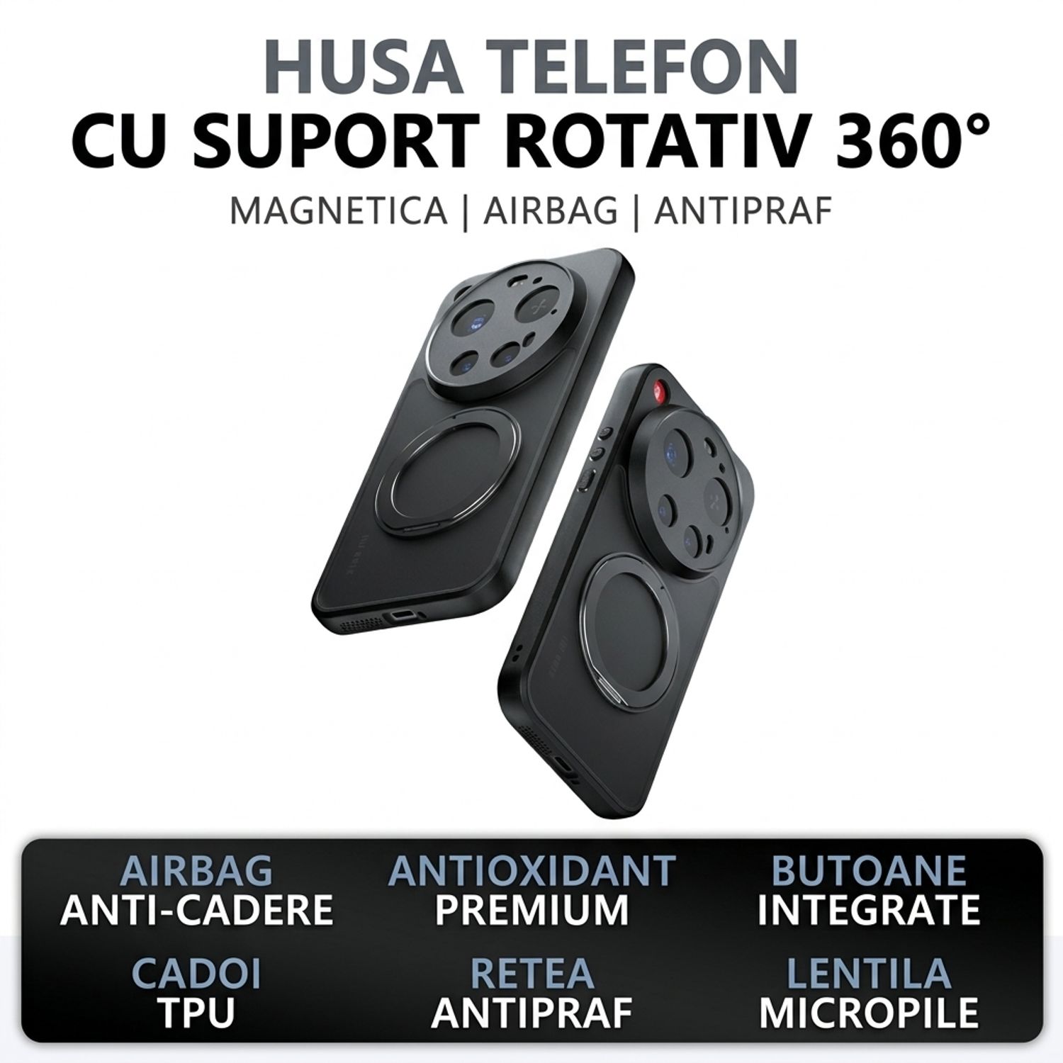 Husa pentru Xiaomi 17 Ultra, Magnetic MagSafe, Suport Rotativ Magnetic 360, Anti-Shock Protection, Negru