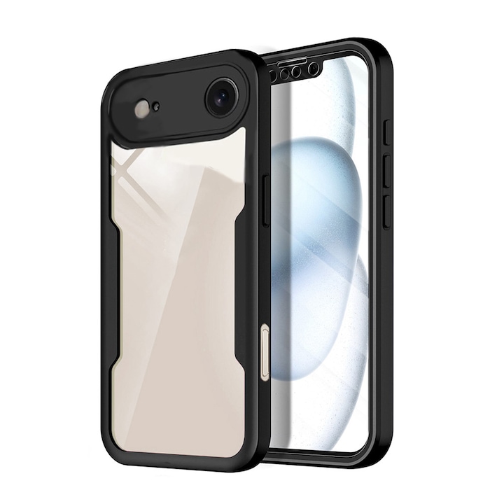 Husa 360 grade compatibila cu Apple iPhone 17 Air, Cu protector de ecran inclus, Rezistenta la socuri, Anti-ingalbenire, Anti-zgarieturi, Durabila, Margini inaltate de 3mm, Negru/Transparent