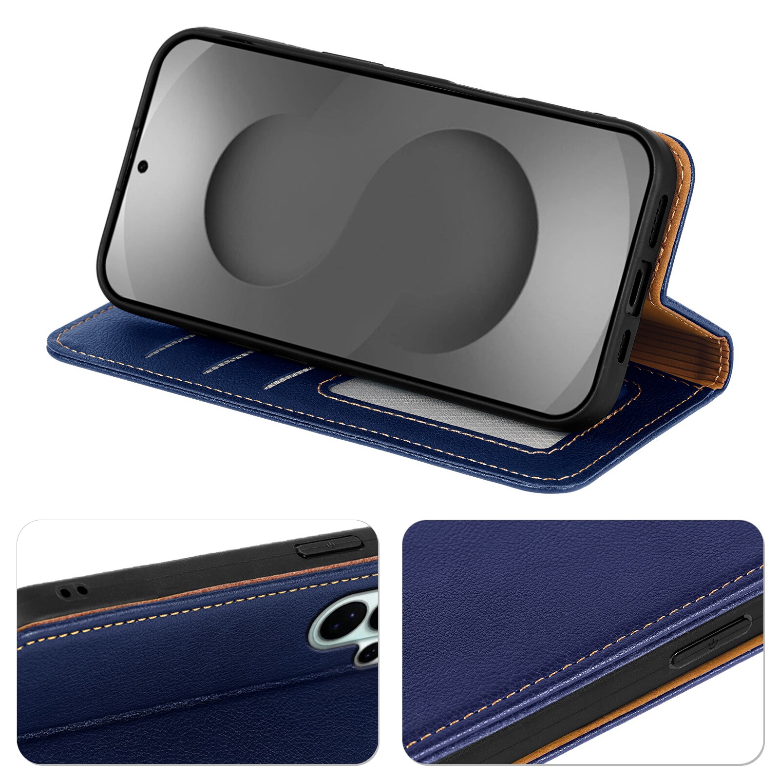Husa pentru Samsung Galaxy S26 Ultra, Omelivon, Leather Flip Cover, cu Portofel Interior, Functie de Stand si Inchidere Magnetica, Finisaje Premium, Antisoc, Albastru