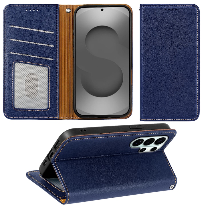 Husa pentru Samsung Galaxy S26 Ultra, Omelivon, Leather Flip Cover, cu Portofel Interior, Functie de Stand si Inchidere Magnetica, Finisaje Premium, Antisoc, Albastru