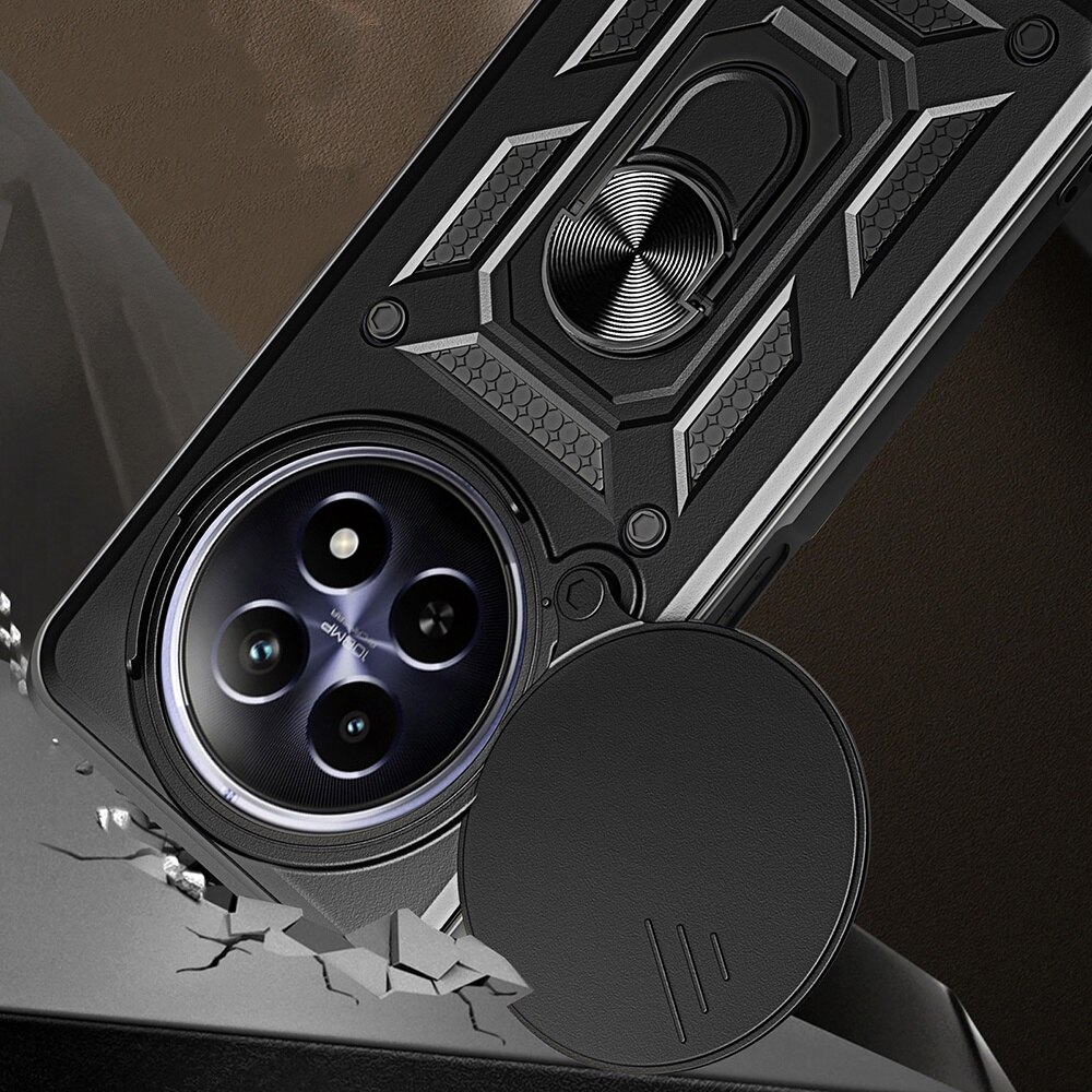 Husa pentru Oppo Reno 12F 12FS Ring Armor Kickstand Tough Rugged Cover cu protectie camera negru