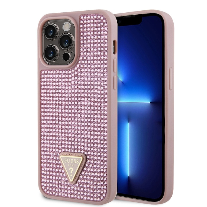 Husa de protectie Cover Guess Rhinestones Triangle Metal Logo pentru iPhone 15 Pro, Pink