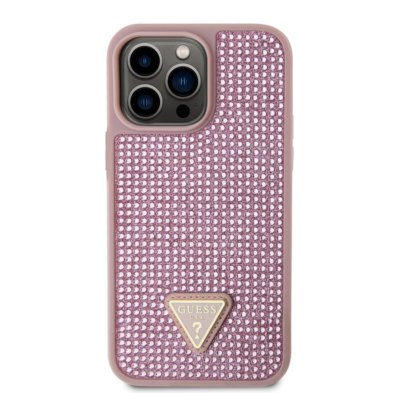 Husa de protectie Cover Guess Rhinestones Triangle Metal Logo pentru iPhone 15 Pro, Pink