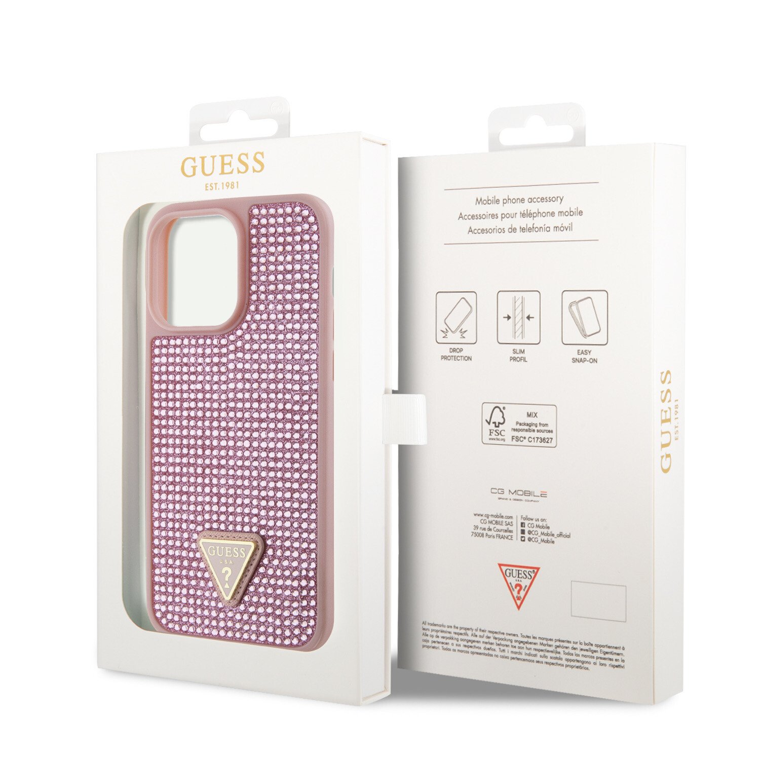 Husa de protectie Cover Guess Rhinestones Triangle Metal Logo pentru iPhone 15 Pro, Pink