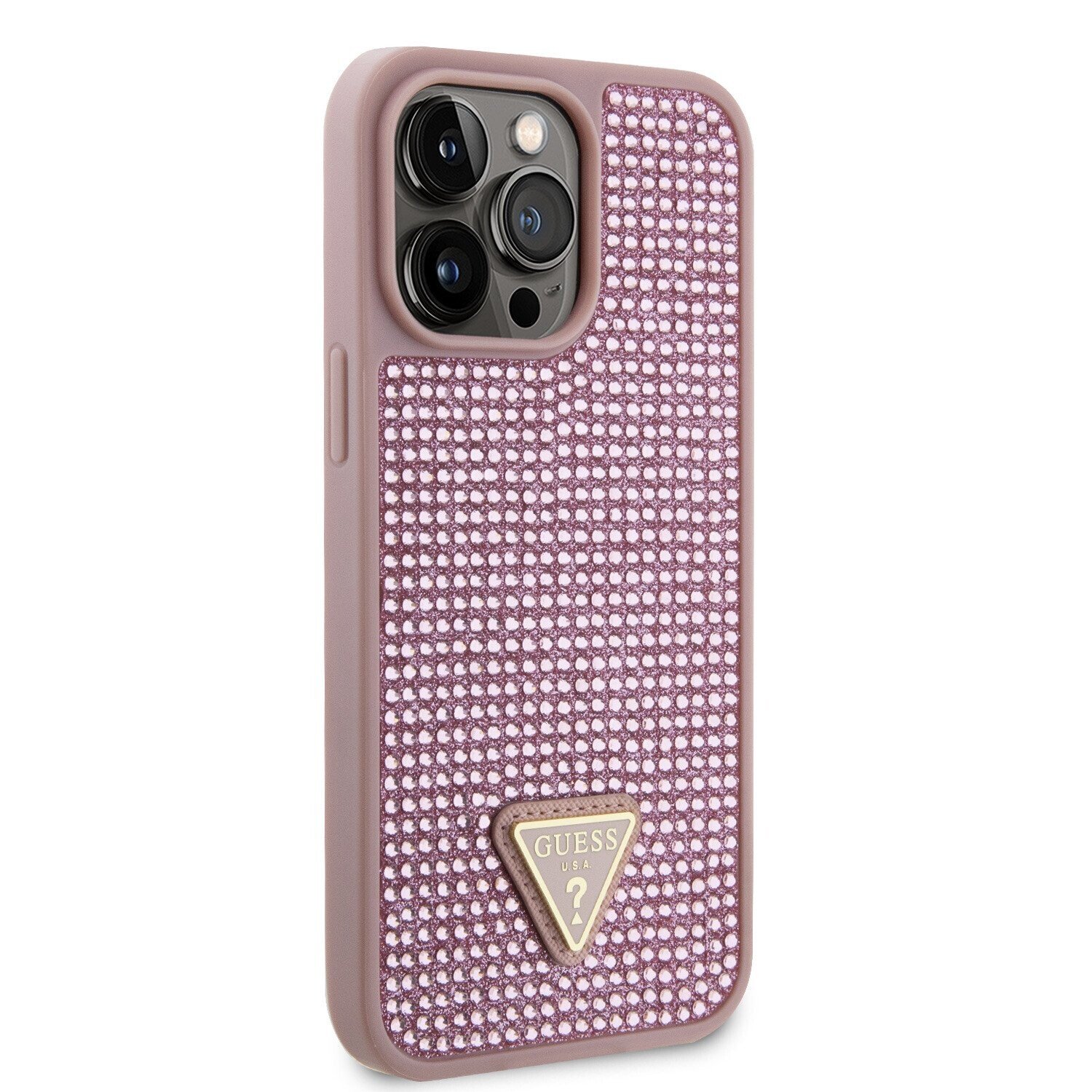 Husa de protectie Cover Guess Rhinestones Triangle Metal Logo pentru iPhone 15 Pro, Pink