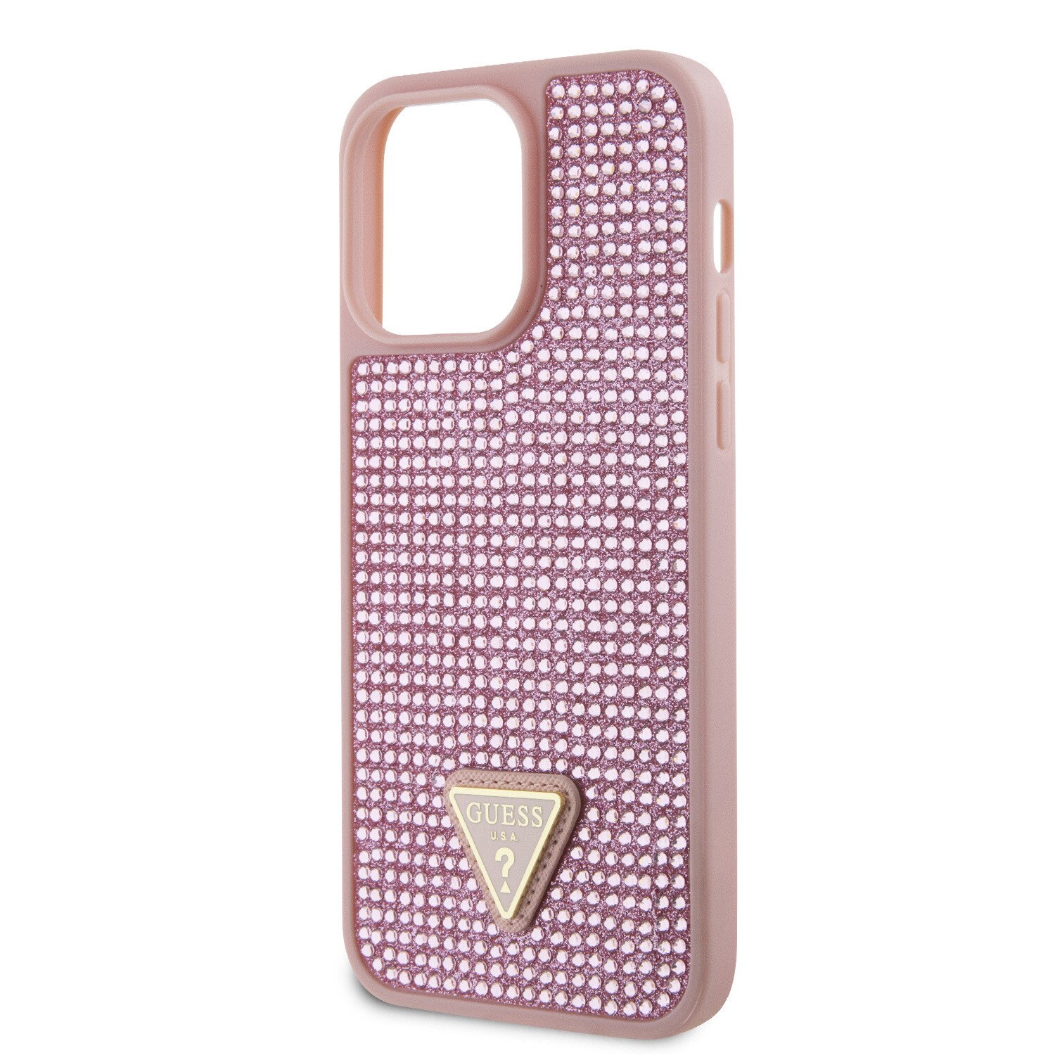 Husa de protectie Cover Guess Rhinestones Triangle Metal Logo pentru iPhone 15 Pro, Pink