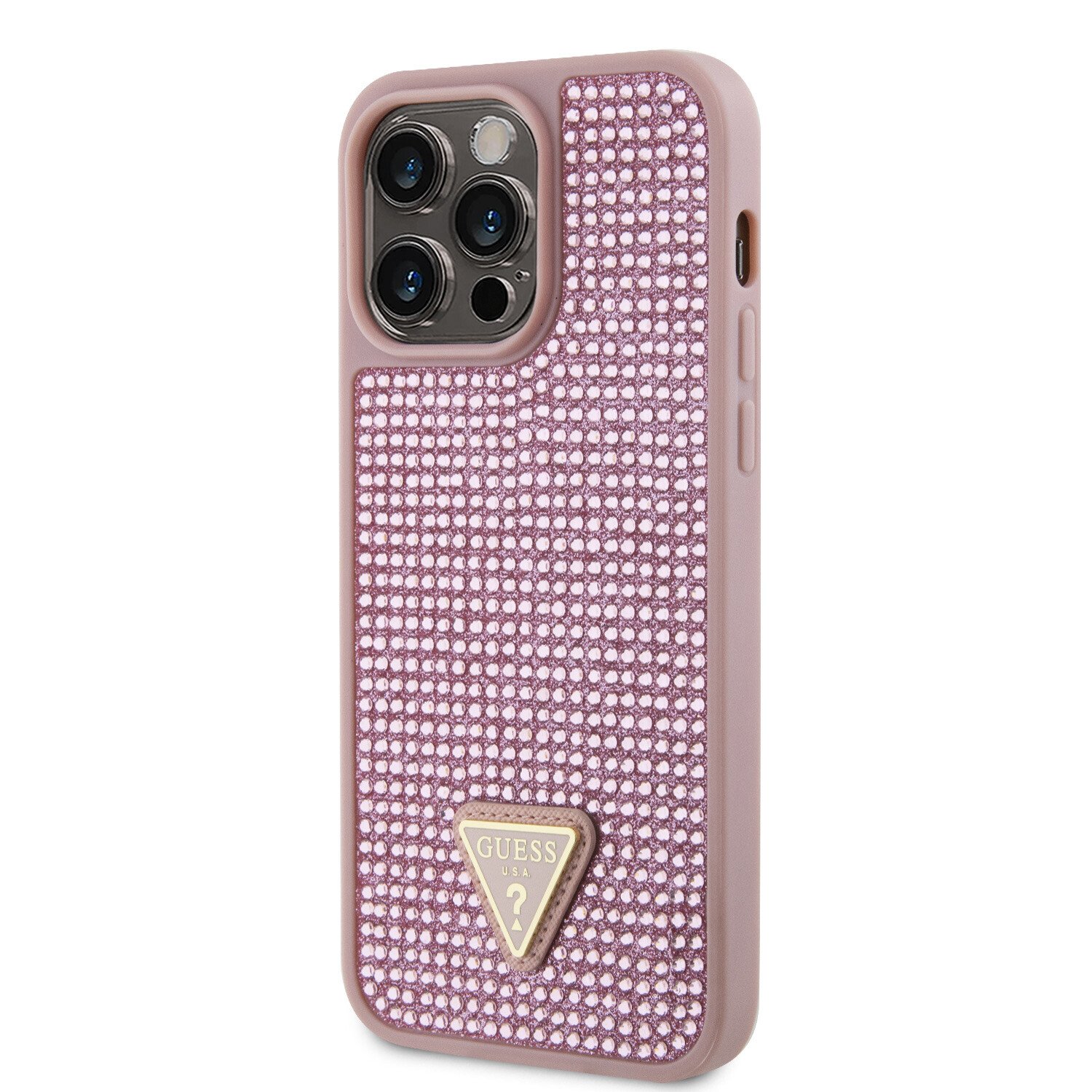 Husa de protectie Cover Guess Rhinestones Triangle Metal Logo pentru iPhone 15 Pro, Pink