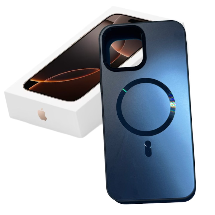 Husa Pentru iPhone 14 ProMax, Compatibila MagSafe, Protectie Camera, Look Metalic, Culoare Albastru