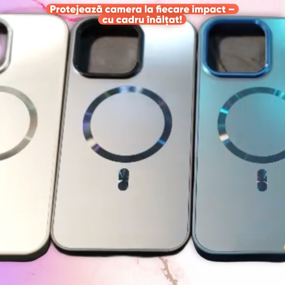 Husa Pentru iPhone 14 ProMax, Compatibila MagSafe, Protectie Camera, Look Metalic, Culoare Albastru