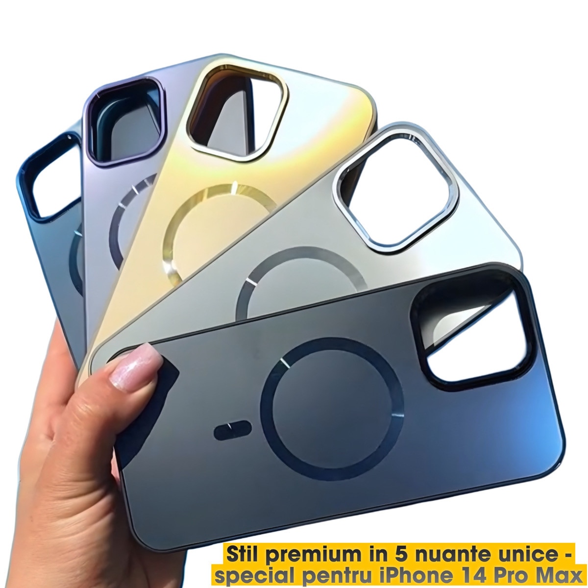 Husa Pentru iPhone 14 ProMax, Compatibila MagSafe, Protectie Camera, Look Metalic, Culoare Albastru