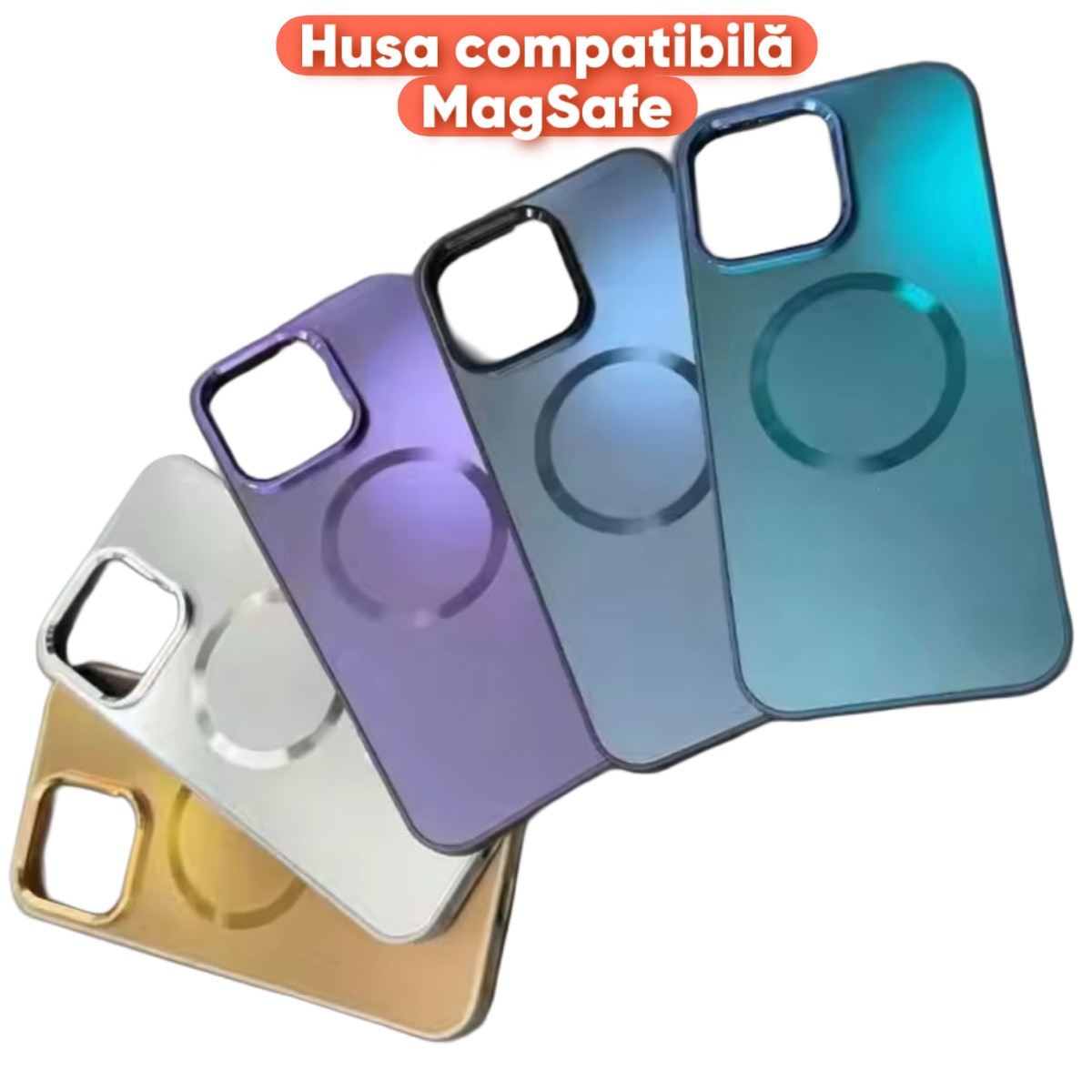 Husa Pentru iPhone 14 ProMax, Compatibila MagSafe, Protectie Camera, Look Metalic, Culoare Albastru