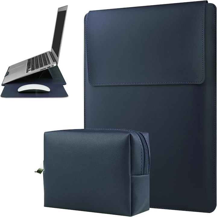 Husa Laptop 13-14 inch compatibila cu MacBook Air, MacBook Pro, Piele Ecologica, Marime Universala, 25 x 34 cm, Albastru