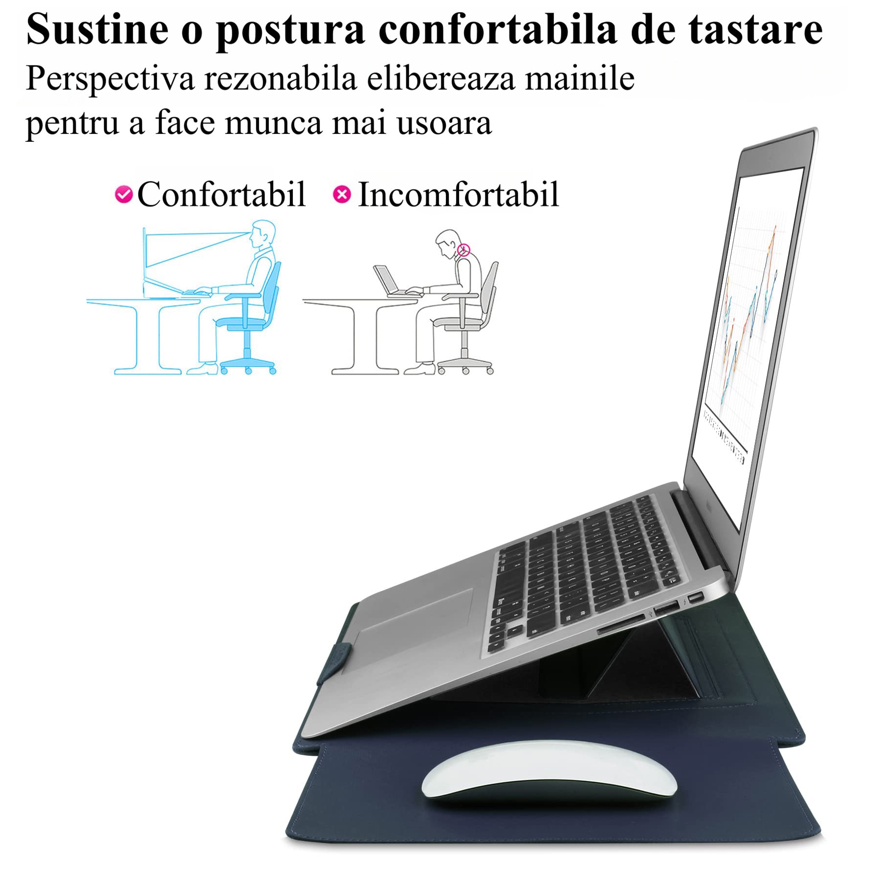 Husa Laptop 13-14 inch compatibila cu MacBook Air, MacBook Pro, Piele Ecologica, Marime Universala, 25 x 34 cm, Albastru
