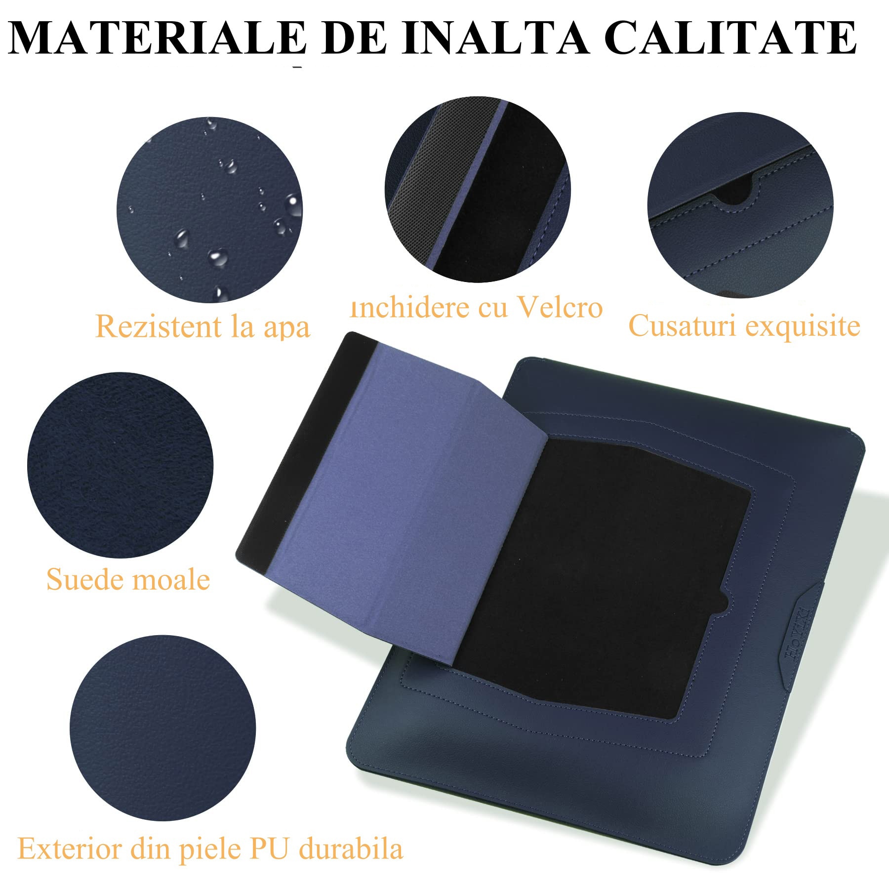 Husa Laptop 13-14 inch compatibila cu MacBook Air, MacBook Pro, Piele Ecologica, Marime Universala, 25 x 34 cm, Albastru