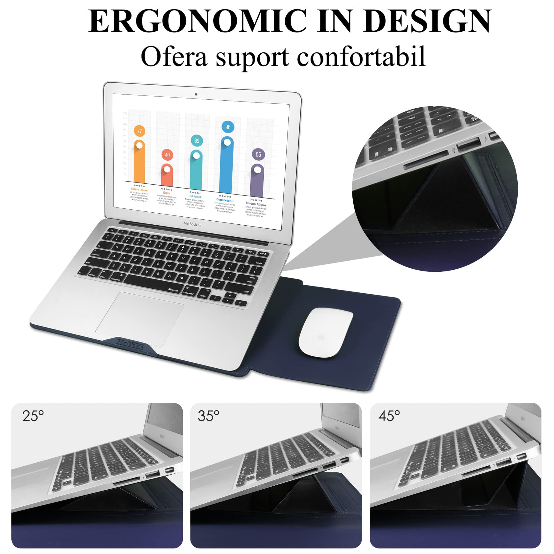 Husa Laptop 13-14 inch compatibila cu MacBook Air, MacBook Pro, Piele Ecologica, Marime Universala, 25 x 34 cm, Albastru