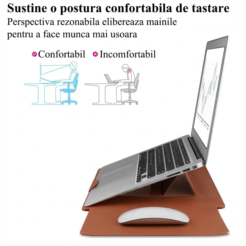 Husa Laptop 15-16 inch, 4 in 1 cu foldable stand, compatibila cu MacBook Air, MacBook Pro, Piele Ecologica, Marime Universala, 28 x 38 cm, Maro