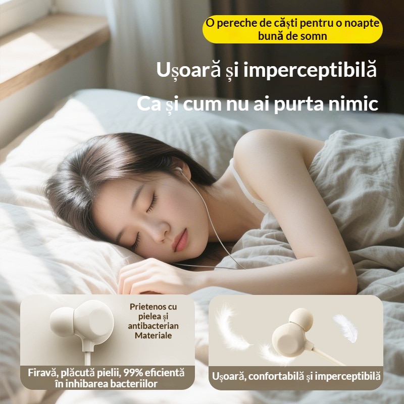 Casti somn cu fir, Anulare activa zgomot, Sunet HiFi, Confortabil, USB-C, Bej