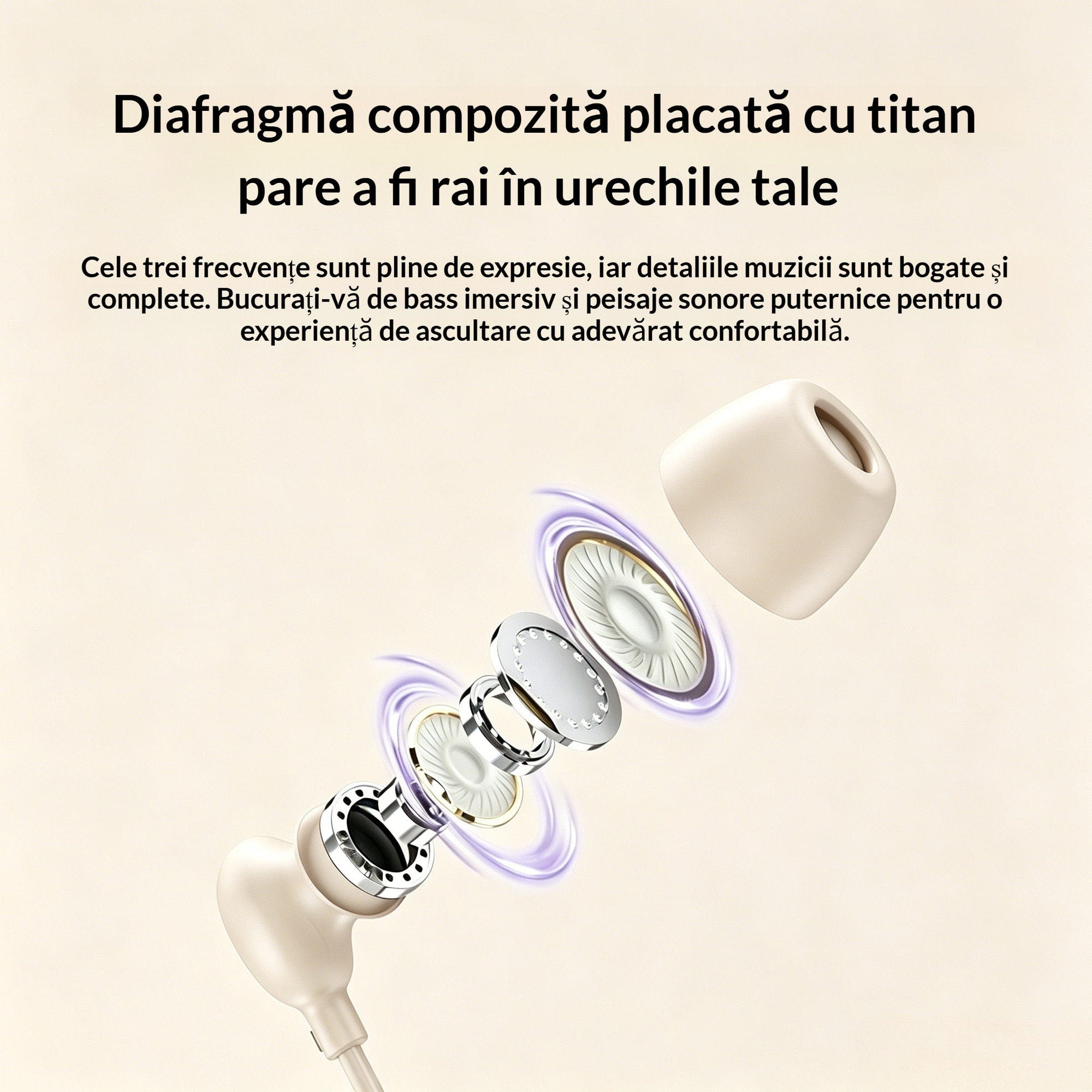 Casti somn cu fir, Anulare activa zgomot, Sunet HiFi, Confortabil, USB-C, Bej