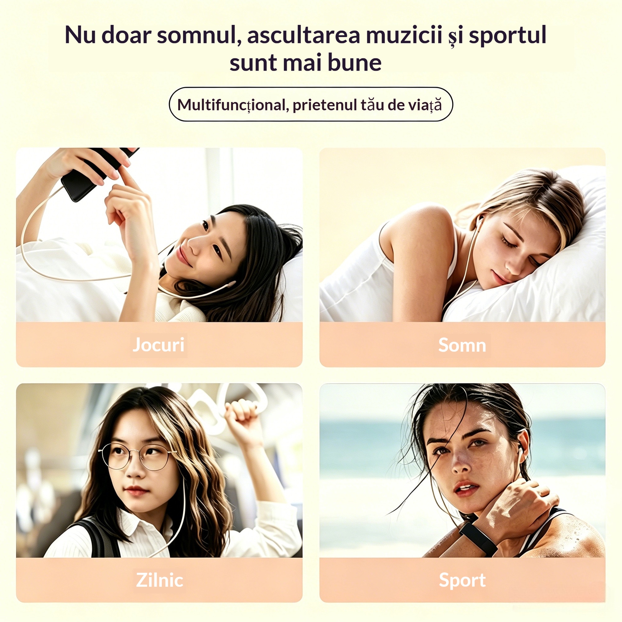 Casti somn cu fir, Anulare activa zgomot, Sunet HiFi, Confortabil, USB-C, Bej