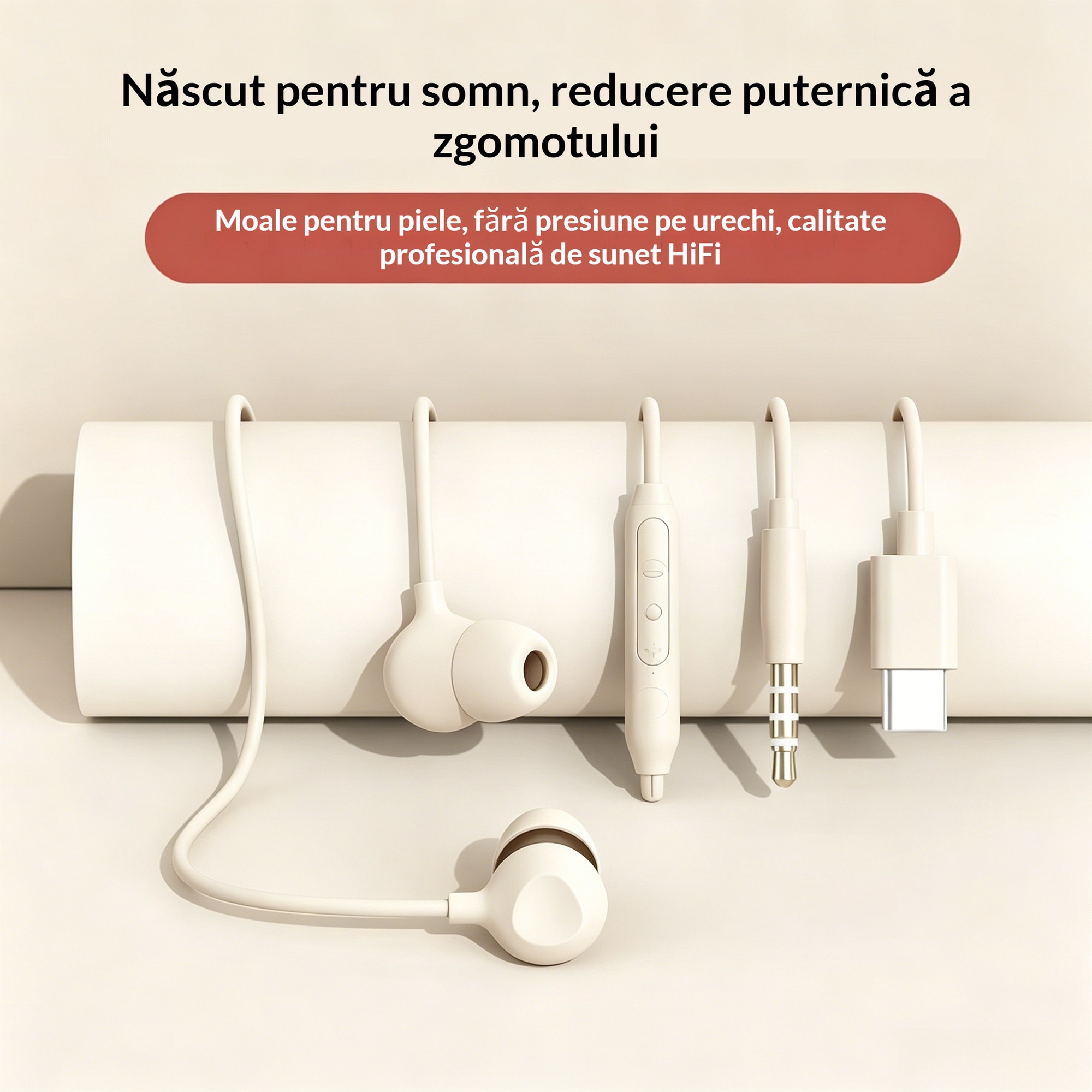 Casti somn cu fir, Anulare activa zgomot, Sunet HiFi, Confortabil, USB-C, Bej