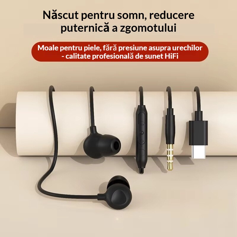 Casca de somn cu fir USB-C, Sunet HiFi, Anulare activa a zgomotului, Design subtire confortabil pentru adulti, Culoare neagra