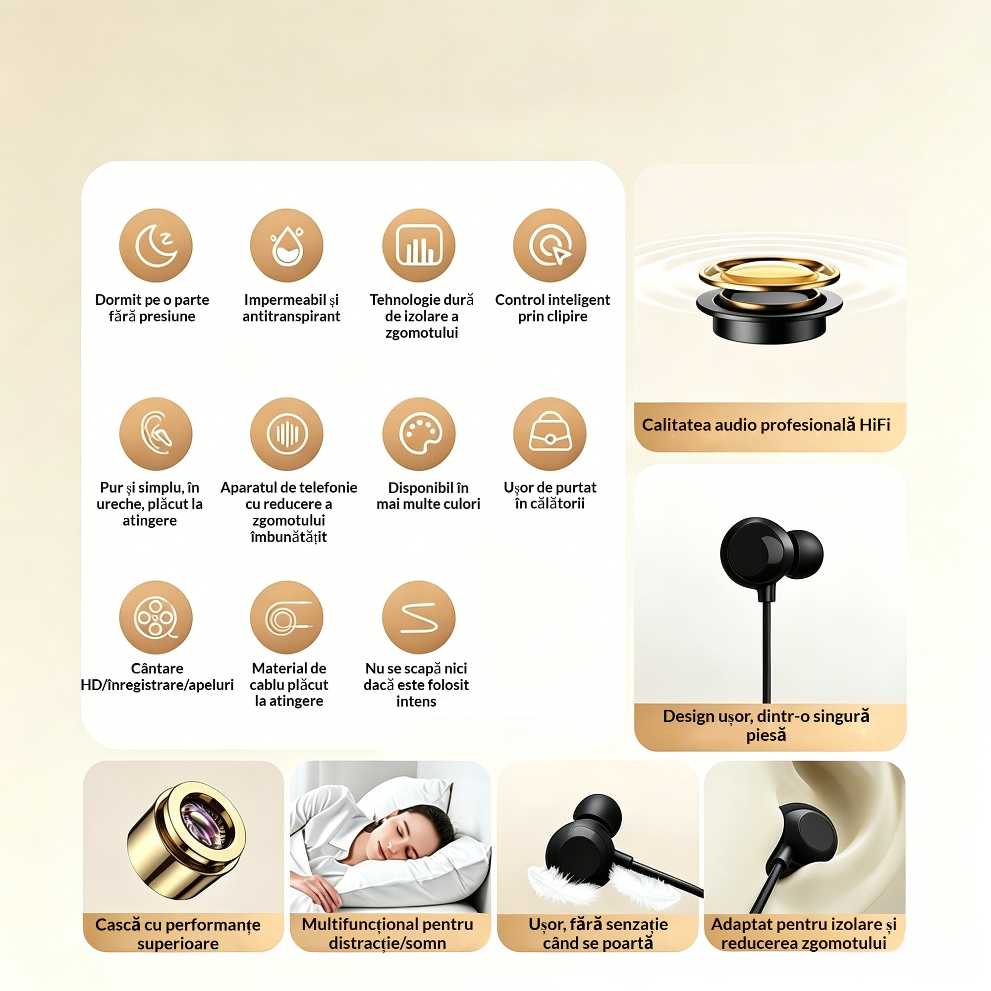 Casca de somn cu fir USB-C, Sunet HiFi, Anulare activa a zgomotului, Design subtire confortabil pentru adulti, Culoare neagra