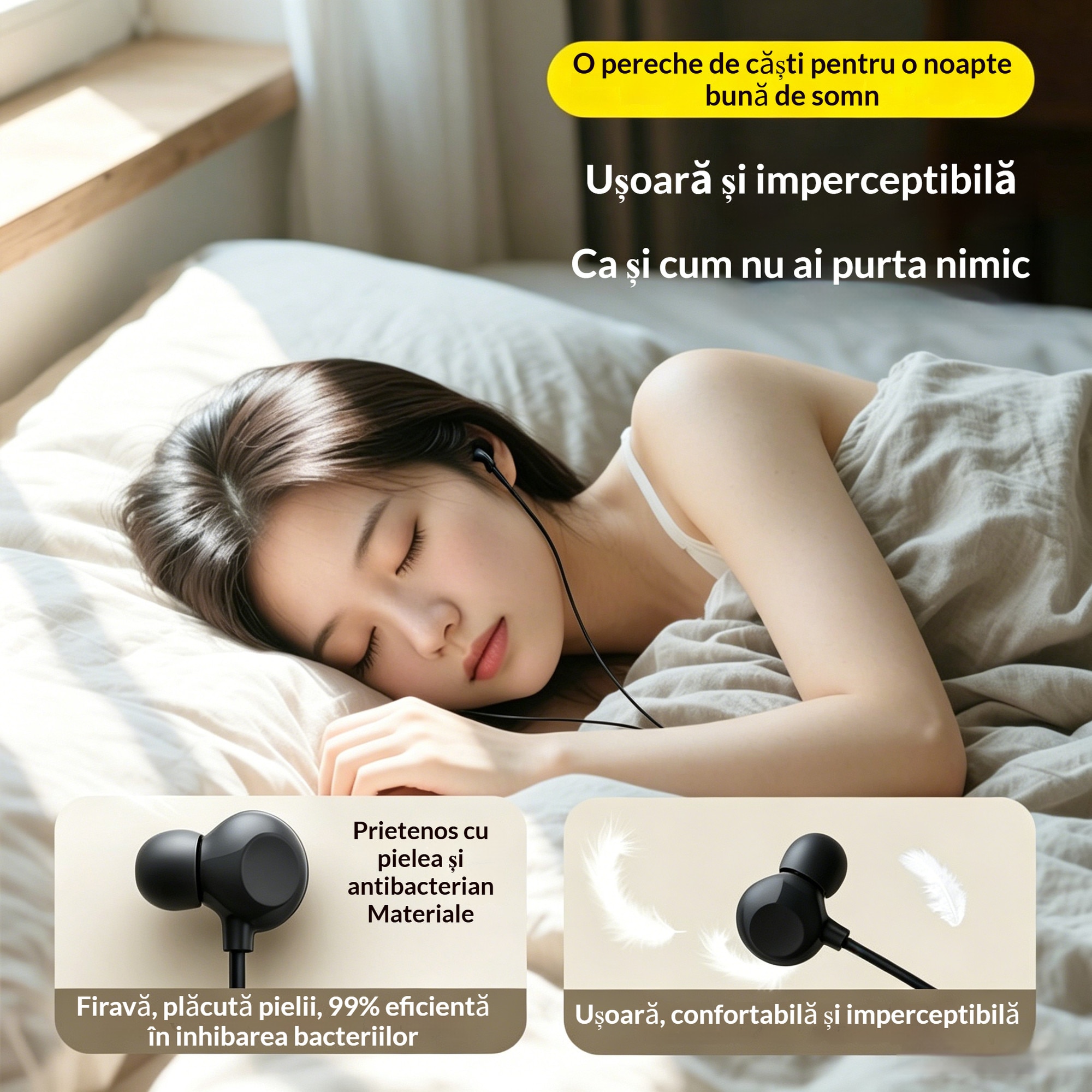 Casca de somn cu fir USB-C, Sunet HiFi, Anulare activa a zgomotului, Design subtire confortabil pentru adulti, Culoare neagra