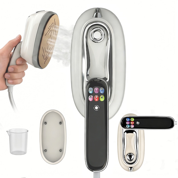 Aparat De Calcat Vertical si Steamer De Calatorie, 1300W, Incalzire Rapida 10 Secunde, Rezervor de 160 ml si incalzire in 10 secunde, 220–230 V, maner rotativ la 180°, 6 moduri, ecran LCD ultra-subtire – perfect pentru acasa si calatorii in intreaga lume，