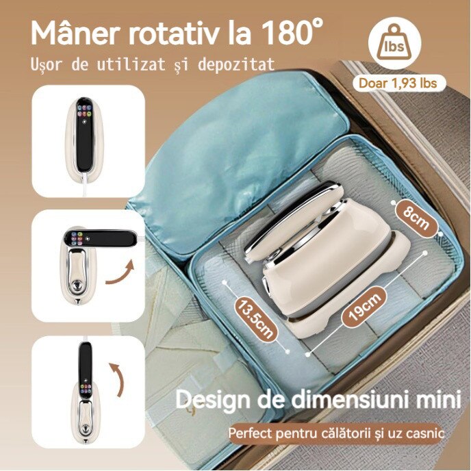 Aparat De Calcat Vertical si Steamer De Calatorie, 1300W, Incalzire Rapida 10 Secunde, Rezervor de 160 ml si incalzire in 10 secunde, 220–230 V, maner rotativ la 180°, 6 moduri, ecran LCD ultra-subtire – perfect pentru acasa si calatorii in intreaga lume，