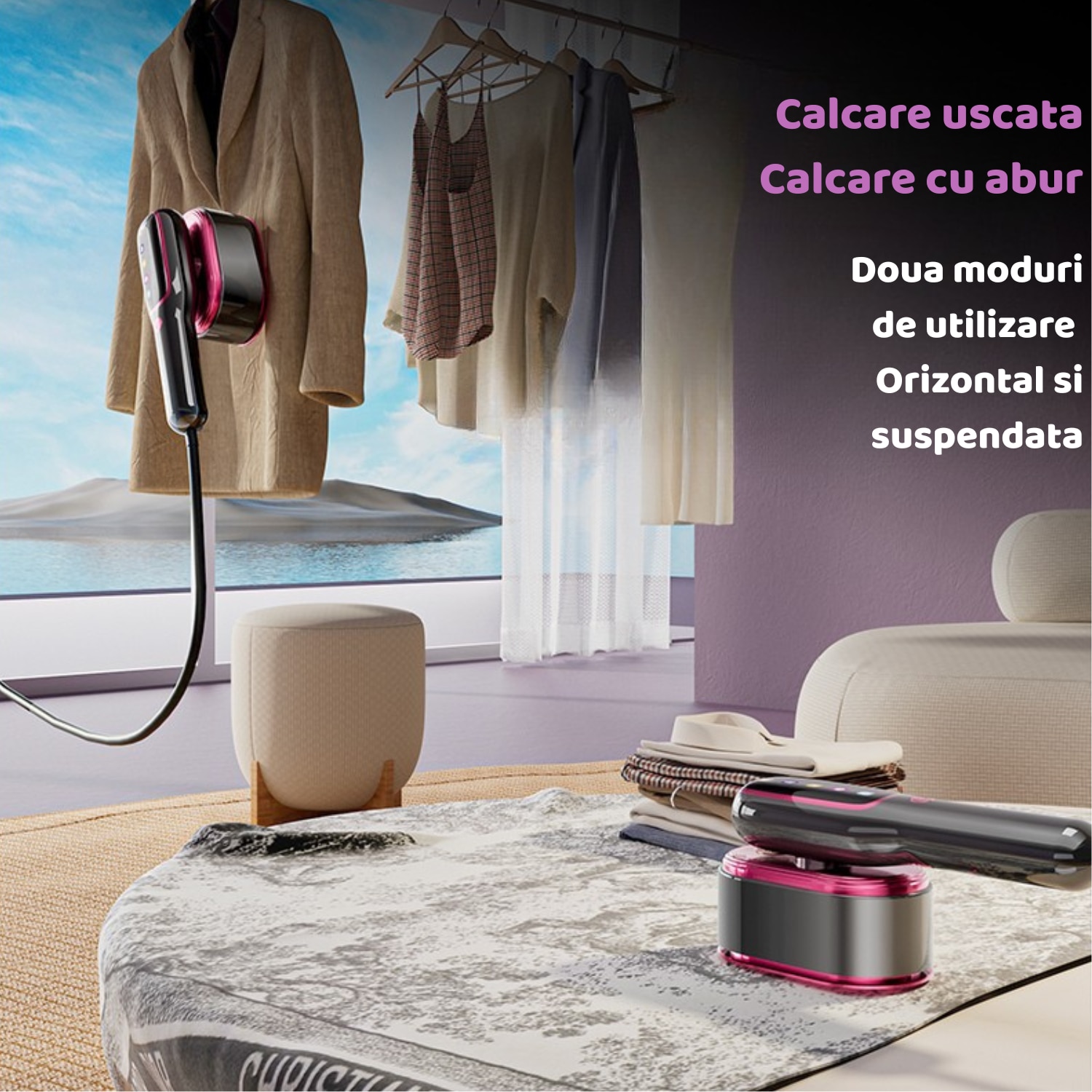Fier De Calcat aparat de calcat Vertical Si Orinzontal Portabil, PLEMORY® Putere 1100W, Cu Abur Si Talpa Ceramica, Rezervor 220ml, Cablu 1.4m, Incalzire Rapida Functie Umeda/Uscata, Igienizare, Rotire 90°, Display LED-6 moduri de calcare, Buton Touch, Gri