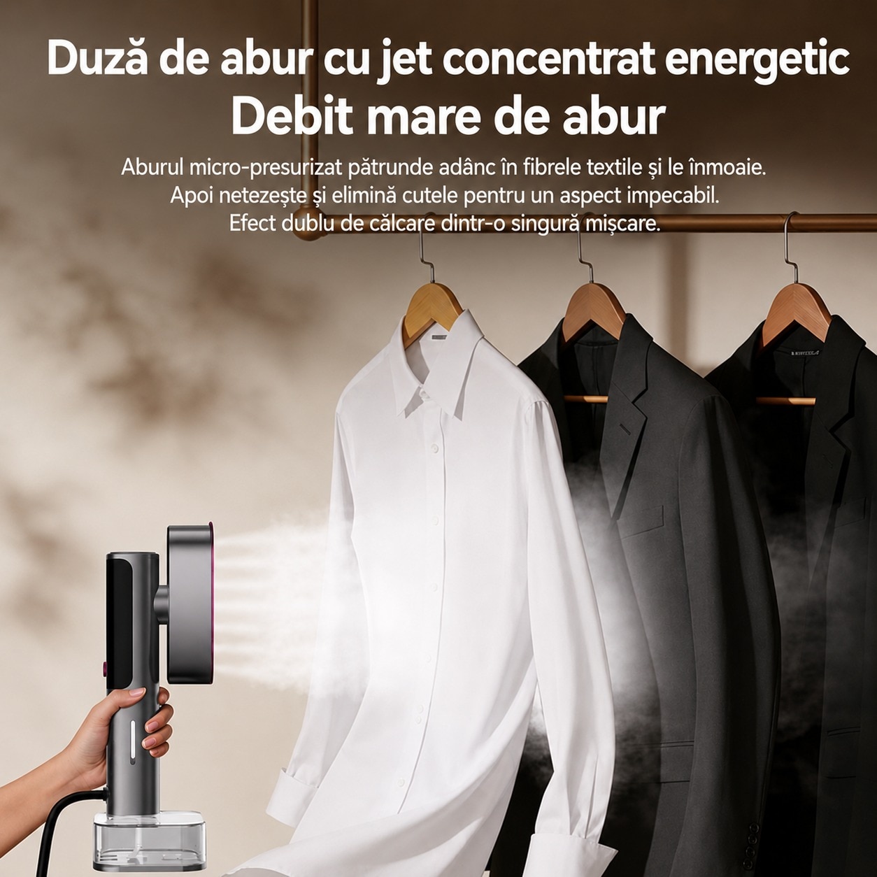 Fier De Calcat aparat de calcat Vertical Si Orinzontal Portabil, PLEMORY® Putere 1100W, Cu Abur Si Talpa Ceramica, Rezervor 220ml, Cablu 1.4m, Incalzire Rapida Functie Umeda/Uscata, Igienizare, Rotire 90°, Display LED-6 moduri de calcare, Buton Touch, Gri