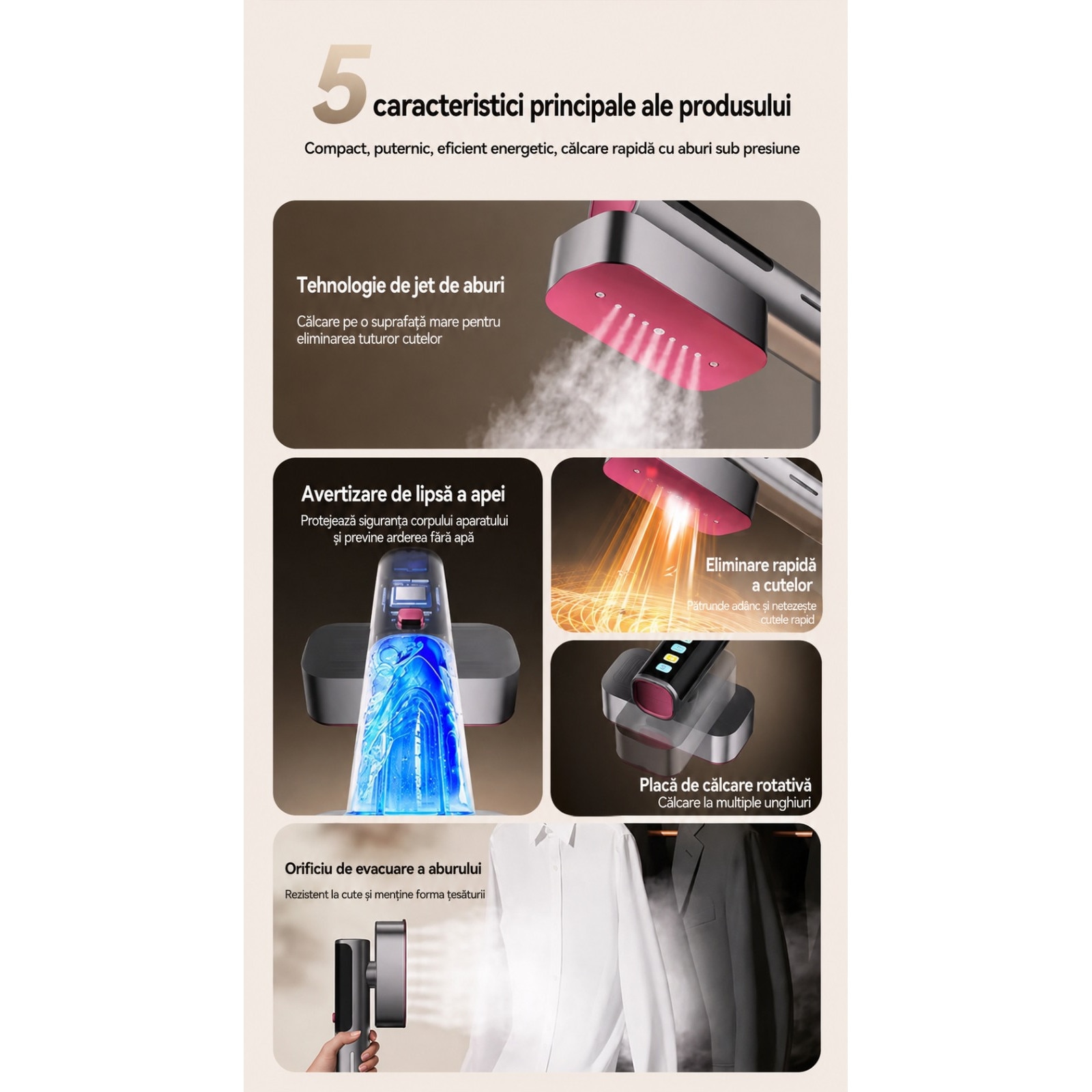 Fier De Calcat aparat de calcat Vertical Si Orinzontal Portabil, PLEMORY® Putere 1100W, Cu Abur Si Talpa Ceramica, Rezervor 220ml, Cablu 1.4m, Incalzire Rapida Functie Umeda/Uscata, Igienizare, Rotire 90°, Display LED-6 moduri de calcare, Buton Touch, Gri
