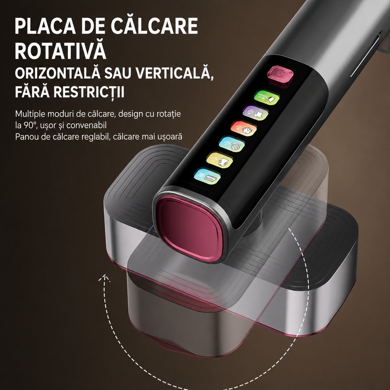 Fier De Calcat aparat de calcat Vertical Si Orinzontal Portabil, PLEMORY® Putere 1100W, Cu Abur Si Talpa Ceramica, Rezervor 220ml, Cablu 1.4m, Incalzire Rapida Functie Umeda/Uscata, Igienizare, Rotire 90°, Display LED-6 moduri de calcare, Buton Touch, Gri