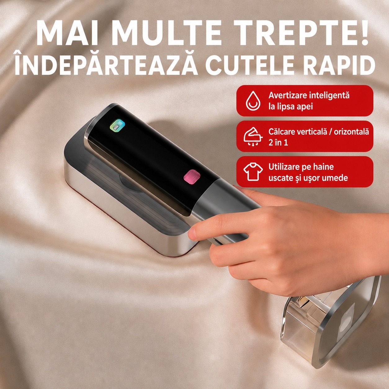 Fier De Calcat aparat de calcat Vertical Si Orinzontal Portabil, PLEMORY® Putere 1100W, Cu Abur Si Talpa Ceramica, Rezervor 220ml, Cablu 1.4m, Incalzire Rapida Functie Umeda/Uscata, Igienizare, Rotire 90°, Display LED-6 moduri de calcare, Buton Touch, Gri