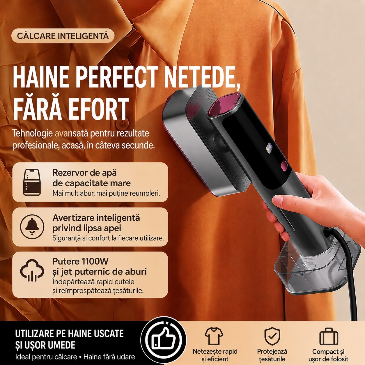 Fier De Calcat aparat de calcat Vertical Si Orinzontal Portabil, PLEMORY® Putere 1100W, Cu Abur Si Talpa Ceramica, Rezervor 220ml, Cablu 1.4m, Incalzire Rapida Functie Umeda/Uscata, Igienizare, Rotire 90°, Display LED-6 moduri de calcare, Buton Touch, Gri