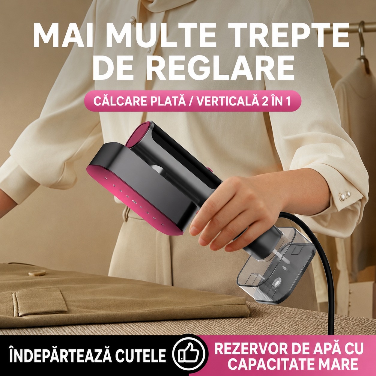 Fier De Calcat aparat de calcat Vertical Si Orinzontal Portabil, PLEMORY® Putere 1100W, Cu Abur Si Talpa Ceramica, Rezervor 220ml, Cablu 1.4m, Incalzire Rapida Functie Umeda/Uscata, Igienizare, Rotire 90°, Display LED-6 moduri de calcare, Buton Touch, Gri