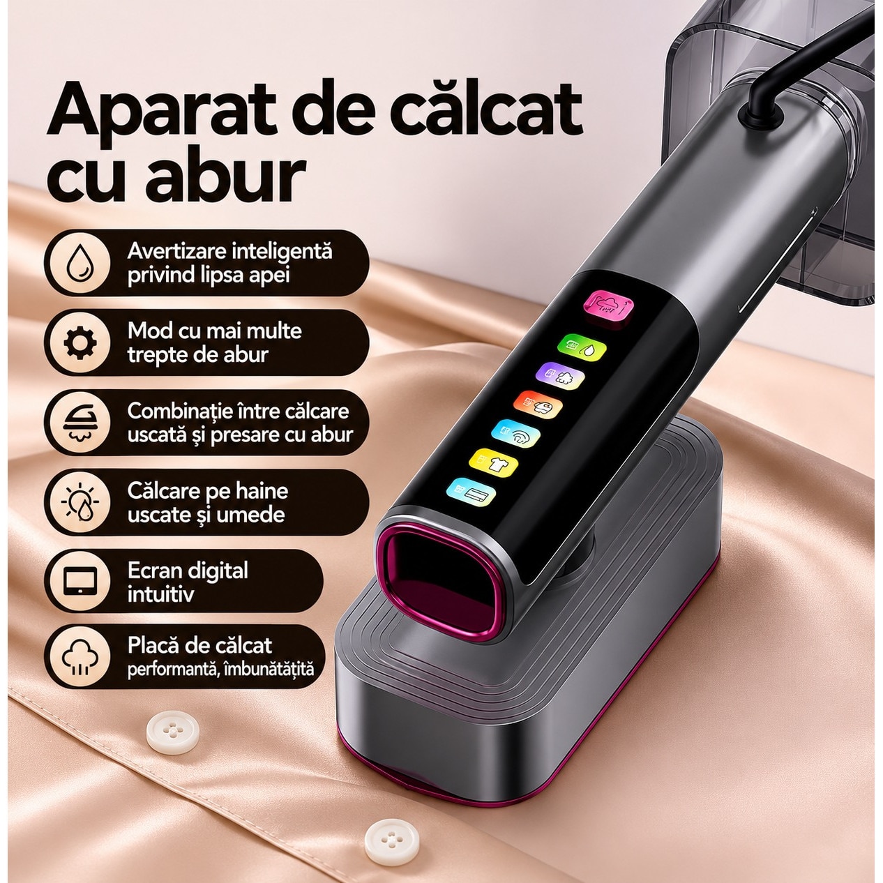 Fier De Calcat aparat de calcat Vertical Si Orinzontal Portabil, PLEMORY® Putere 1100W, Cu Abur Si Talpa Ceramica, Rezervor 220ml, Cablu 1.4m, Incalzire Rapida Functie Umeda/Uscata, Igienizare, Rotire 90°, Display LED-6 moduri de calcare, Buton Touch, Gri