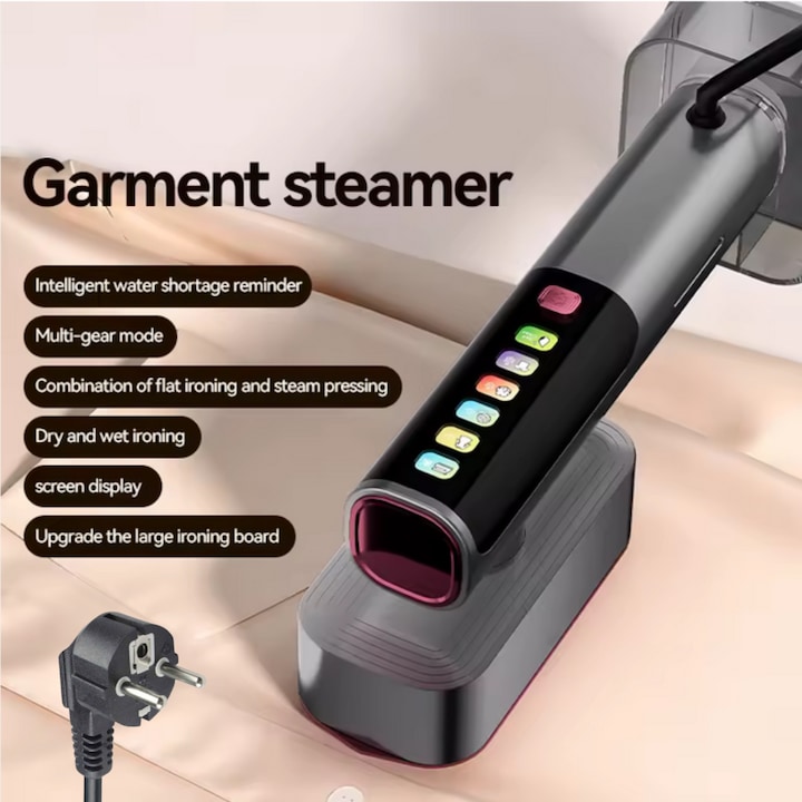 Fier De Calcat aparat de calcat Vertical Si Orinzontal Portabil, PLEMORY® Putere 1100W, Cu Abur Si Talpa Ceramica, Rezervor 220ml, Cablu 1.4m, Incalzire Rapida Functie Umeda/Uscata, Igienizare, Rotire 90°, Display LED-6 moduri de calcare, Buton Touch, Gri
