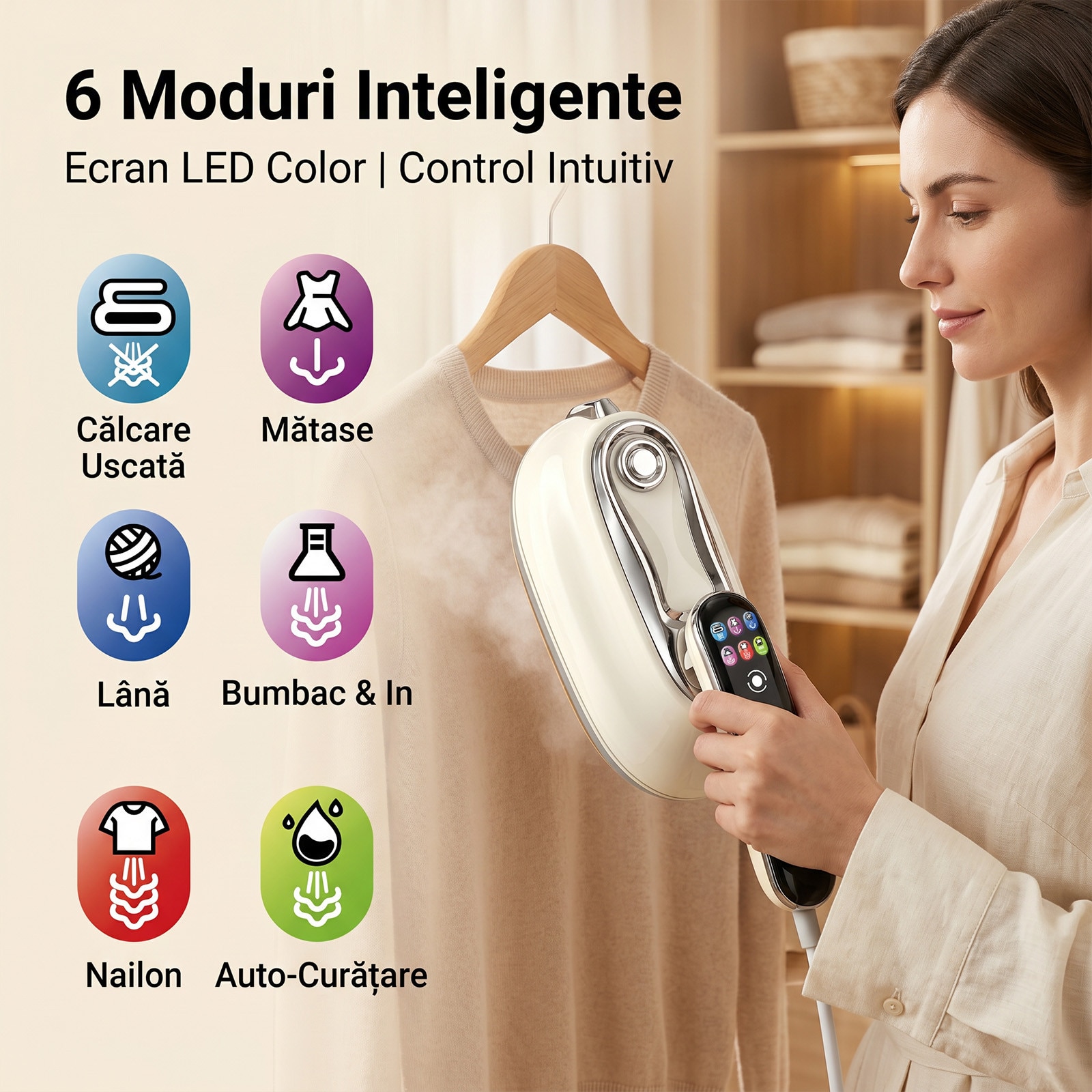 Lttsoyh Fier de calcat portabil cu aburi, 1300 W, debit abur reglabil in 6 trepte (10–20 g/min), functie self-cleaning, incalzire rapida, rezervor 200 ml, calcare verticala si orizontala, pentru acasa si in deplasare