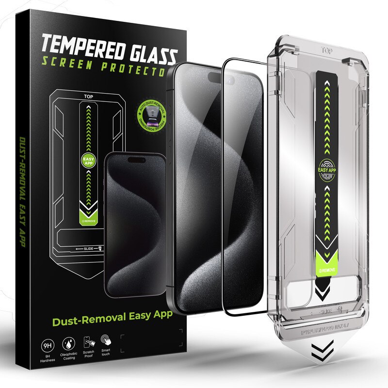 Folie de protectie din sticla temperata, transparenta, pentru iPhone 14 Pro Max, cu kit de aplicare rapida si functie de indepartare automata a prafului, sticla temperata 9H+, claritate Super HD, tratament electronic oleofob si anti-amprente