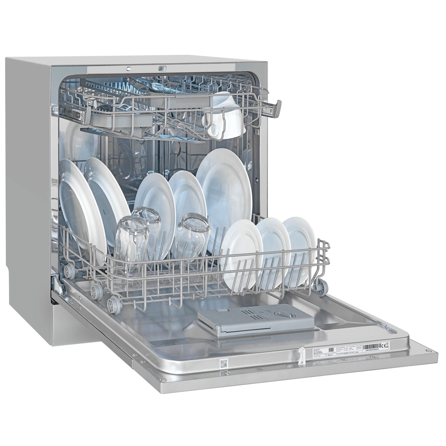 Masina de spalat vase slim Exquisit, undercounter, 6 seturi, latime 55 cm, mod ECO, 7 programe, functie autocuratare, pornire intarziata pana la 24h, panou de control digital, deschidere automata a usii, indicator pentru detergent, Child Lock, alb