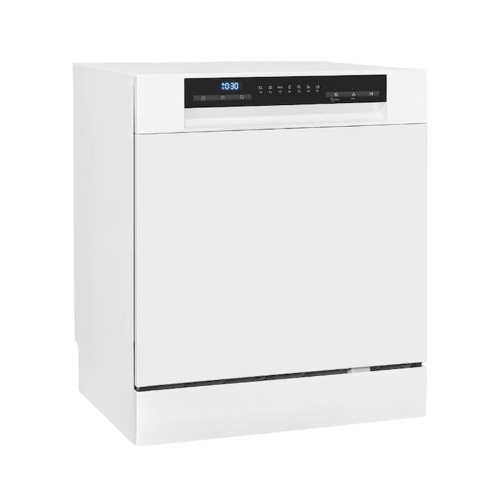 Masina de spalat vase slim Exquisit, undercounter, 6 seturi, latime 55 cm, mod ECO, 7 programe, functie autocuratare, pornire intarziata pana la 24h, panou de control digital, deschidere automata a usii, indicator pentru detergent, Child Lock, alb
