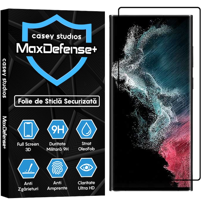 Folie Sticla CASEY STUDIOS™ compatibila cu Samsung Galaxy S22 Ultra 5G, Anti Amprente, Protectie Profesionala Ecran 3D, Anti Socuri, Ultra HD, Margini Negre