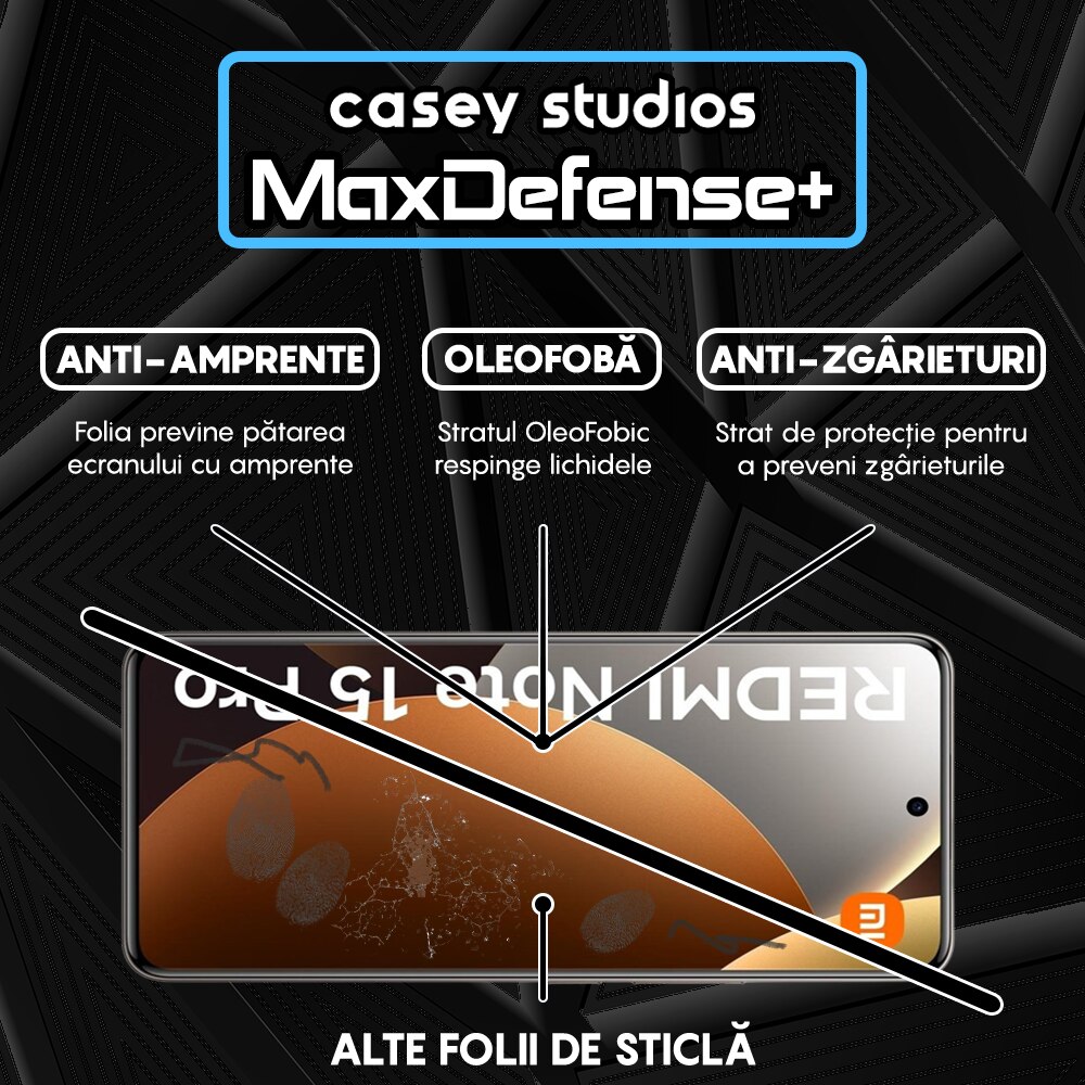 Folie Sticla CASEY STUDIOS™ pentru Xiaomi Redmi Note 15 Pro, Full Cover 3D, Full Glue, Duritate Militara, Protectie Profesionala Ecran 3D, Anti Zgarieturi, Margini Negre