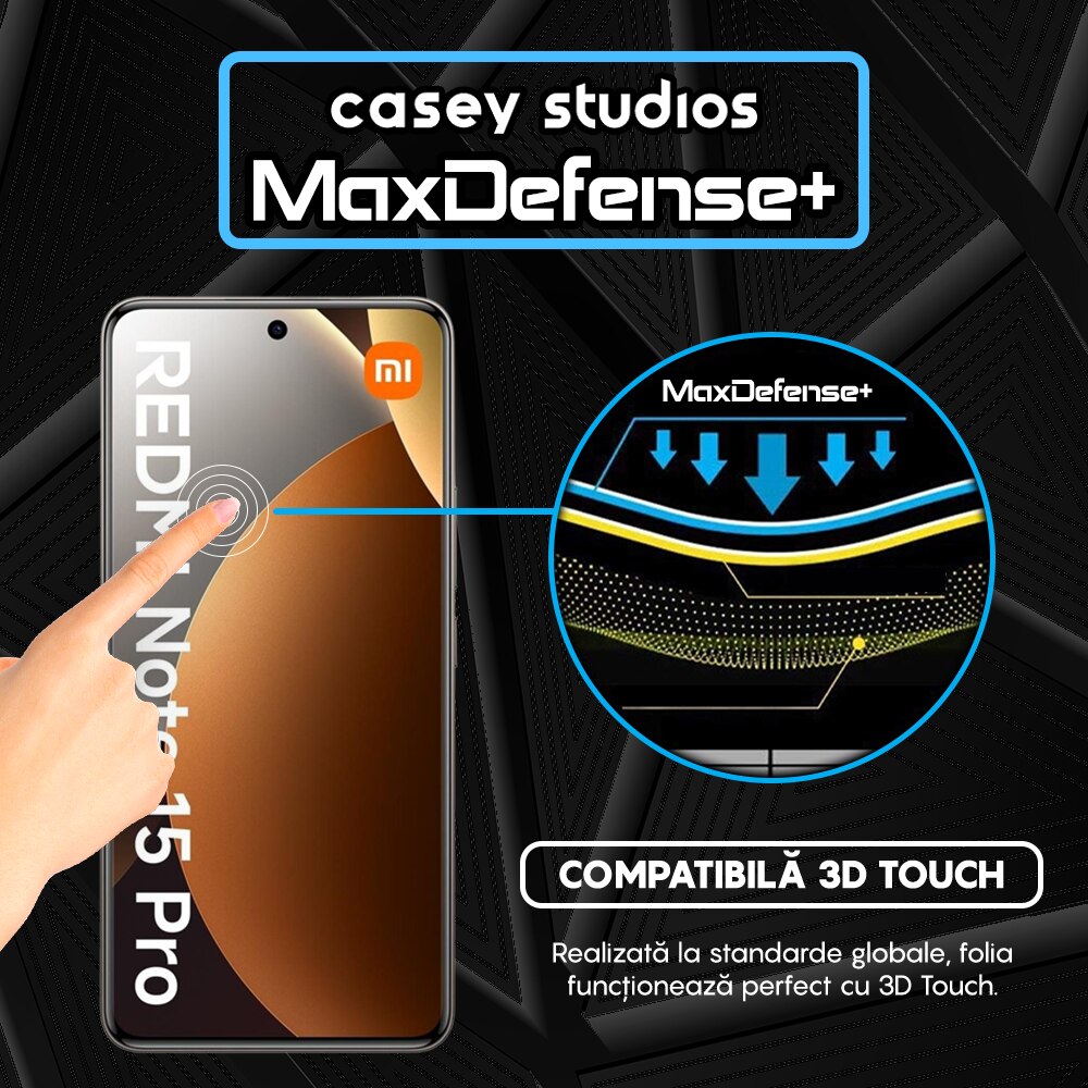 Folie Sticla CASEY STUDIOS™ pentru Xiaomi Redmi Note 15 Pro, Full Cover 3D, Full Glue, Duritate Militara, Protectie Profesionala Ecran 3D, Anti Zgarieturi, Margini Negre