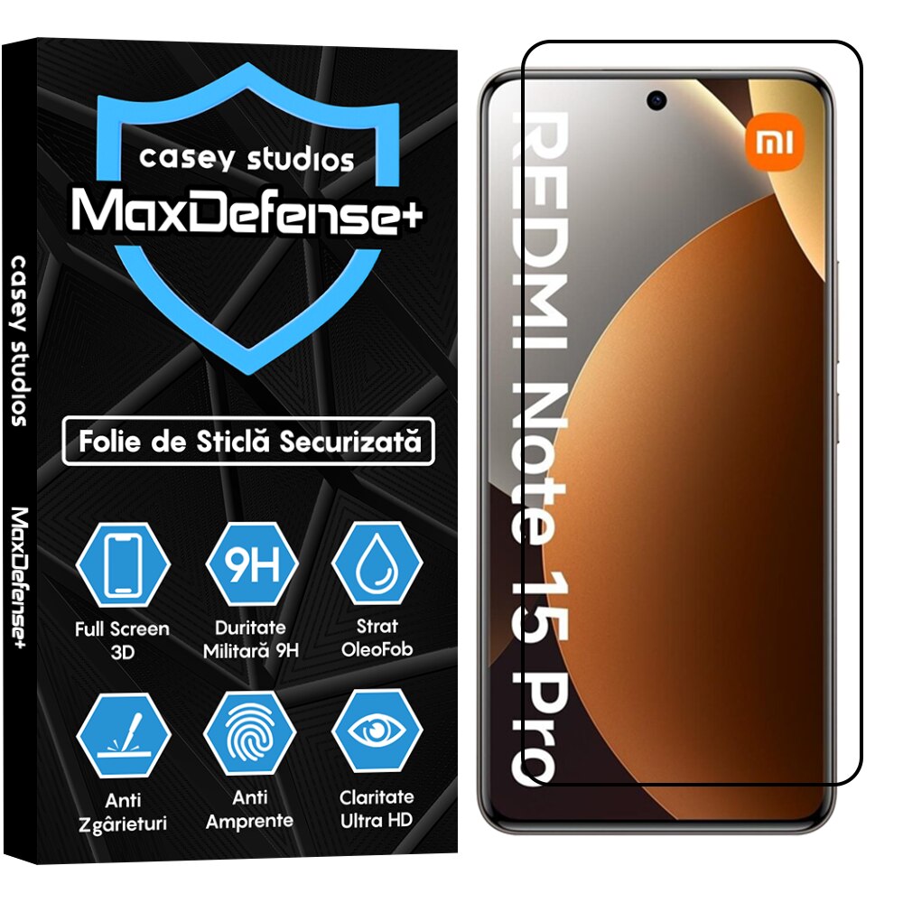 Folie Sticla CASEY STUDIOS™ pentru Xiaomi Redmi Note 15 Pro, Full Cover 3D, Full Glue, Duritate Militara, Protectie Profesionala Ecran 3D, Anti Zgarieturi, Margini Negre