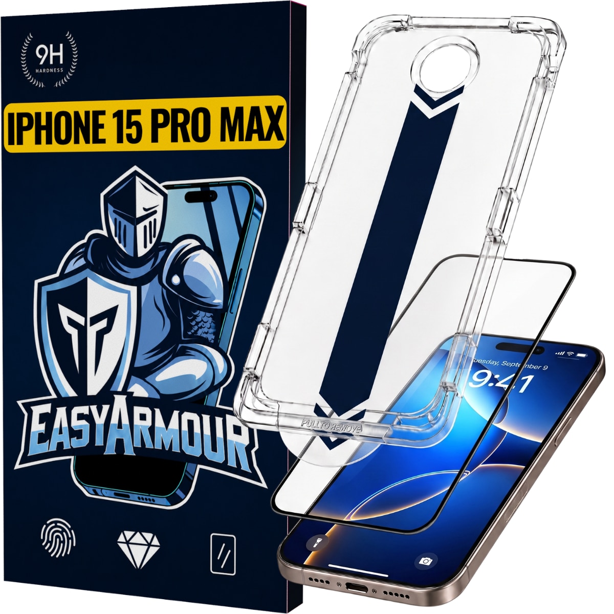 Set 2 Bucati – Folie Sticla pentru iPhone 15 Pro Max cu Aplicator, Aplicare Usoara in 5 Secunde, Duritate 9H, Full Cover 3D, Tratament Oleofobic Anti-Amprenta, Instalare Fara Bule, Margini Negre, Protectie Premium Rezistenta la Socuri, EasyArmour